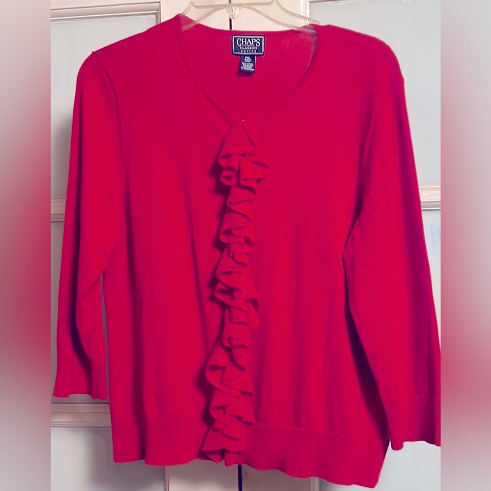 Chaps Petite Ruffle front zip cardigan